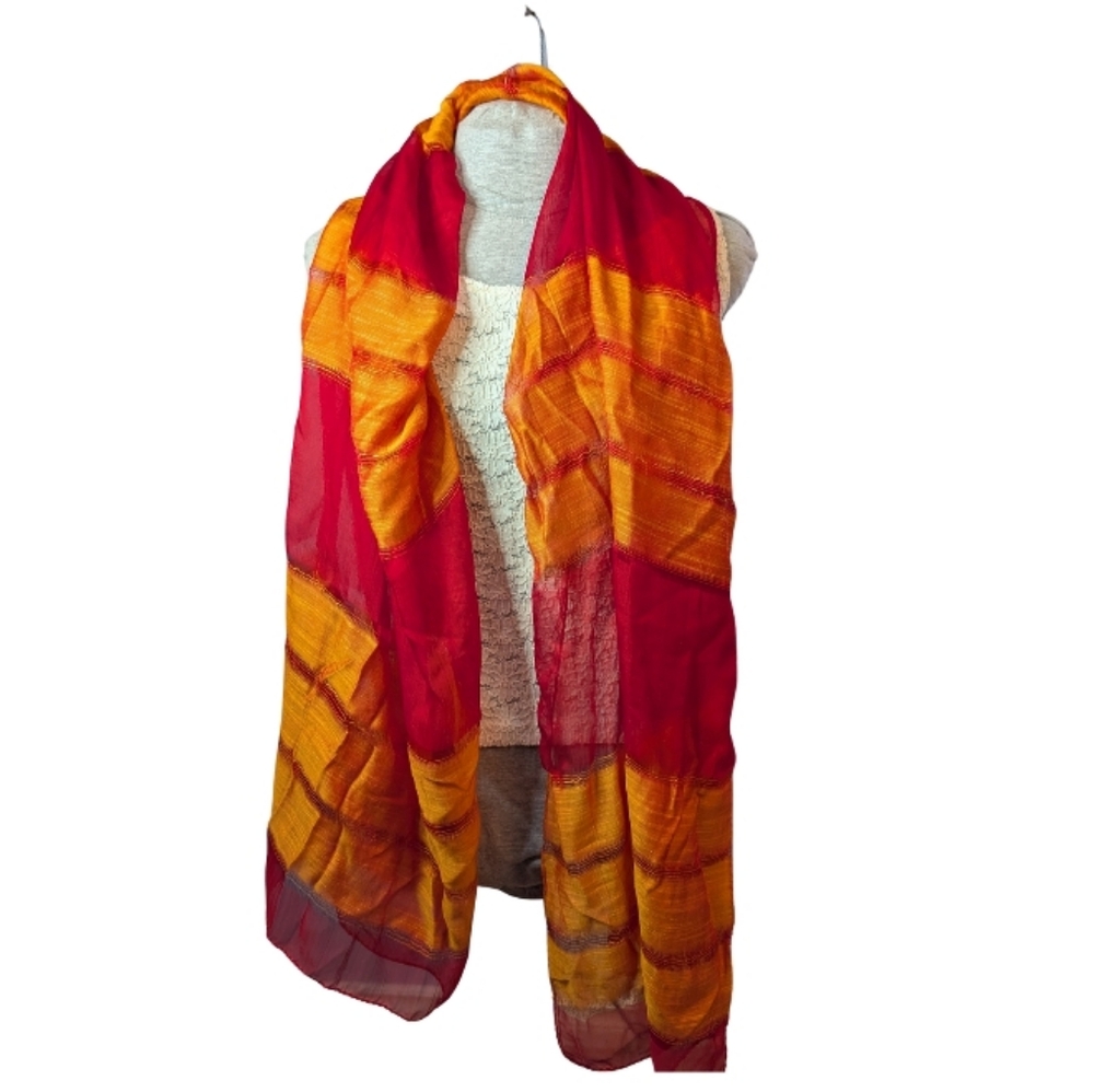 100% Silk Semi-sheer Vibrant Red and Orange Scarf